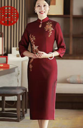 Red Bridal Mothers Mid Tea Winter Qipao / Cheongsam Dress