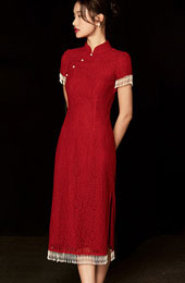 Burgundy Lace Bridal Wedding Qipao / Cheongsam Dress with Beads