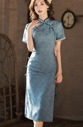 Blue Jacquard Mid Qipao / Cheongsam Dress