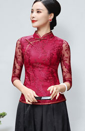 Red Floral Lace Qipao Cheongsam Blouse Top