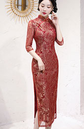 Red Lace Bridal Mothers Wedding Cheongsam / Qipao Dress