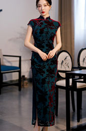Green Floral Velvet Full Cheongsam / Qipao Dress