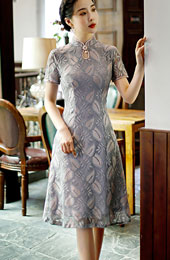 Gray Floral Lace A-Line Qipao / Cheongsam Dress