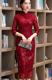 Red Sequined Jacquard Bridal Mothers Cheongsam / Qipao Dress