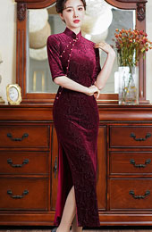 Purple Red Floral Velvet Full Qipao / Cheongsam Dress
