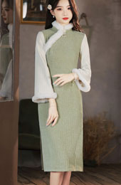 Green Chenille Stripe Winter Cheongsam / Qipao Dress