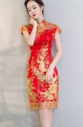 Red Embroidered Mesh Overlay Qipao / Cheongsam Wedding Dress