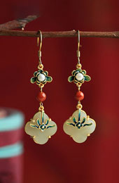 Vintage Colored Enamel Clover Jade Drop Dangle Earrings