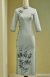 Blue Lace Bamboo Print Mid Tea Qipao Cheongsam Dress