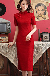 Dark Red Floral Lace Mid Cheongsam Qipao Dress