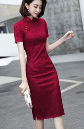 Burgundy Lace Mid Cheongsam Qipao Dress