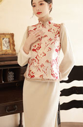 Two Pieces Knit Winter Cheongsam Dress and Floral Waistcoat