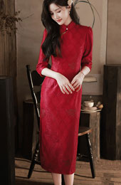 2023 Red Lace Tea Length Wedding Qipao / Cheongsam Dress