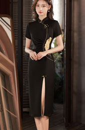 Black Embroidered Thigh Split Qipao Cheongsam Dress