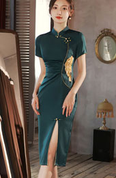 Green Embroidered Thigh Split Qipao Cheongsam Dress
