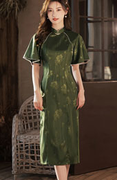 Green Floral Flutter Sleeve Mid Qipao Cheongsam Dress