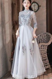 Grey Appliques Tulle Full Qipao Cheongsam Dress