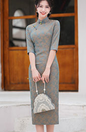 Blue Pink Jacquard Mid Tea Qipao Cheongsam Dress