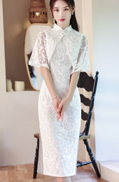 2023 White Lace Mid Qipao Cheongsam Dress with Shawl