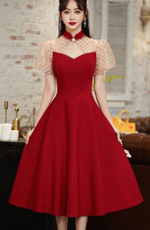 Burgundy Cutout  A-Line Puff Sleeve Wedding Qipao Cheongsam Dress