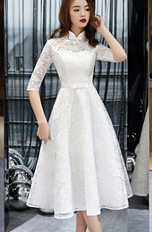 White Lace A-Line Mid Tea Qipao Cheongsam Dress