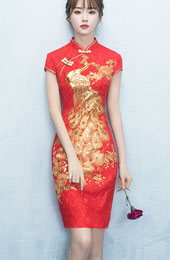 Red Lace Phoenix Short Wedding Qipao Cheongsam Dress