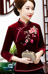 Embroidered Velour Qipao / Cheongsam Blouse Top