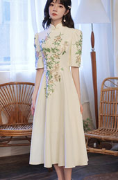 Embroidered Floral Fit & Flare Qipao / Cheongsam Dress