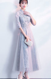Gray Floral Lace Fit & Flare Qipao / Cheongsam Dress