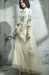 Champagne Appliques Tulle Full Qipao Cheongsam Dress