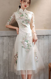 White Appliques Tea Length Qipao Cheongsam Dress
