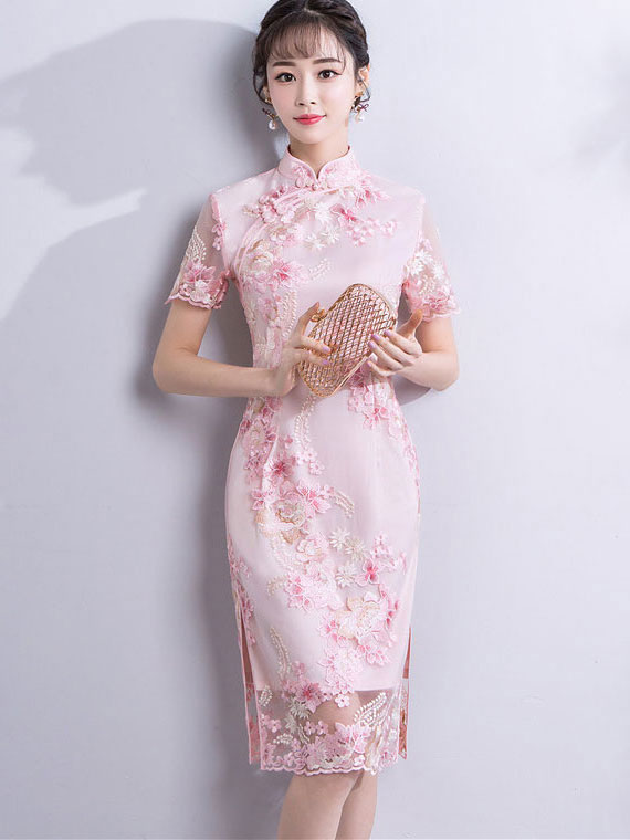 Pink Embroidered Short Qipao / Cheongsam Party Dress