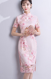 Pink Embroidered Short Qipao / Cheongsam Party Dress