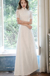 White Lace Split A-line Wedding Qipao Cheongsam Gown