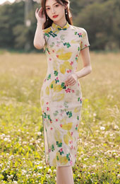 2023 Floral Linen Tea Cheongsam Qipao Dress