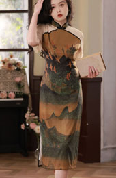 2023 Summer Chinese Painting Print Mid Qipao / Cheongsam Dress