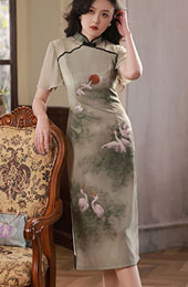 2023 Summer Green Chinese Painting Print Qipao Cheongsam Dress