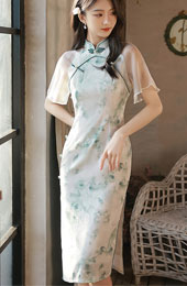 Jacquard Floral Flutter Sleeve Cheongsam Qipao Dress