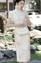 Ivory Jacquard Mid Cheongsam Qipao Dress