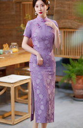 2023 Mothers Purple Blue Jacquard Qipao / Cheongsam Dress