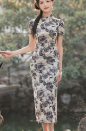 Black Rose Print Tea Cheongsam Qipao Dress