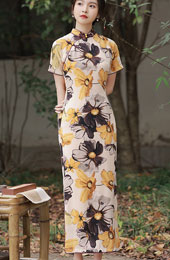 2023 Yellow Floral Print Cheongsam Qipao Dress