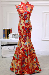 Red Yellow Dragon Fishtail Qipao / Cheongsam Prom Dress