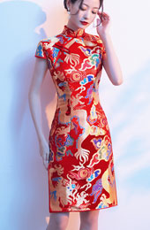 Yellow Red Dragon Short Qipao Cheongsam Dress