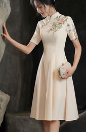 Ivory Appliques Mid Fit Flare Qipao Cheongsam Dress