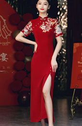 Burgundy Thigh Split Appliques Wedding Qipao Cheongsam Dress