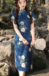 2023 Summer Blue Floral Tea Cheongsam Qipao Dress