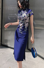 Blue White Appliques Short Qipao Cheongsam Dress