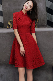 Wine Red A-Line Lace Short Qipao / Cheongsam Dress