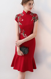 Embroidered Midi Qipao / Cheongsam Dress with Frill Hem